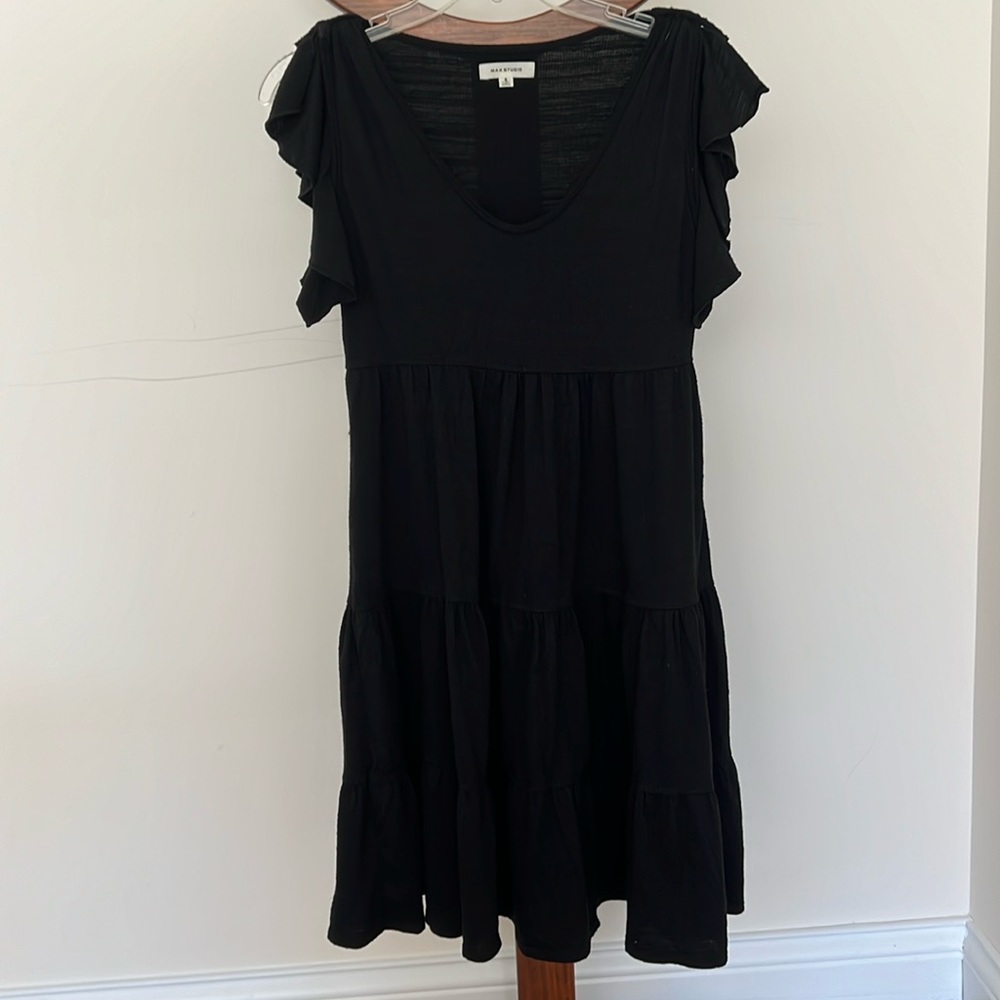 Max Studio flutter sleeve, tiered skirt, black stretchy, dress, size small. - Picture 1 of 6